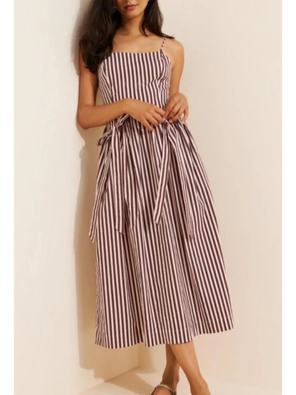 Damson Madder Penelope Bow Striped Midi Dress Twee Prairie Vintage Womens 8